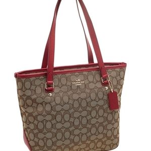 Coach Beige/Red Signature Canvas and Leather Trim Tote VGUC